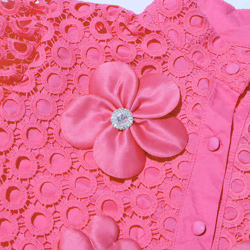 Cute Rosette Stand Collar Puff Sleeve Button Down Guipure Lace Cutwork Blouse