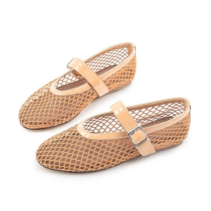 Cute Round Toe Buckled Vegan Leather Mesh Net Mary Jane Ballet Flats