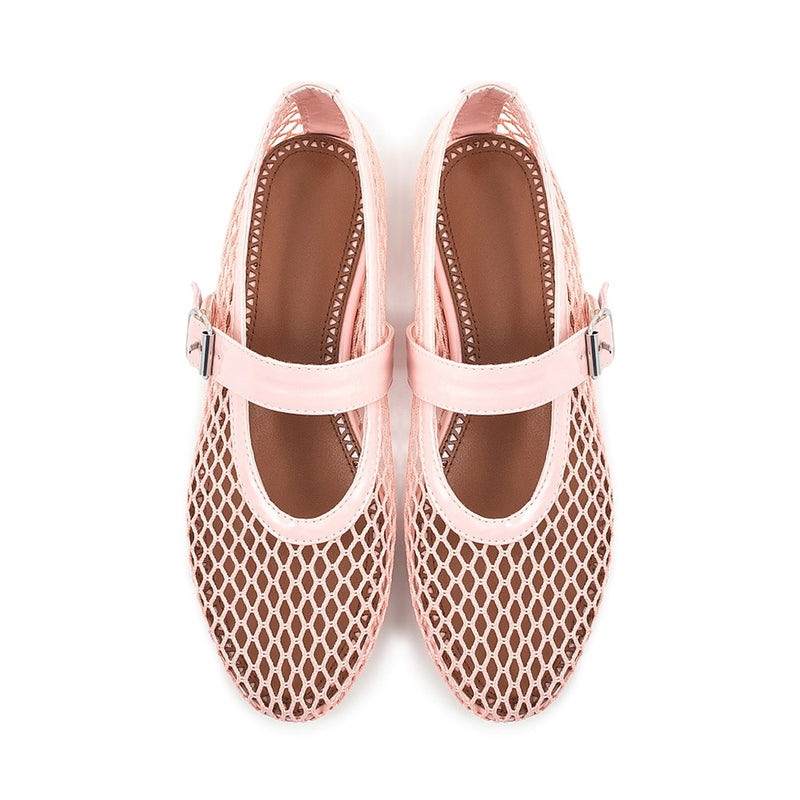 Cute Round Toe Buckled Vegan Leather Mesh Net Mary Jane Ballet Flats