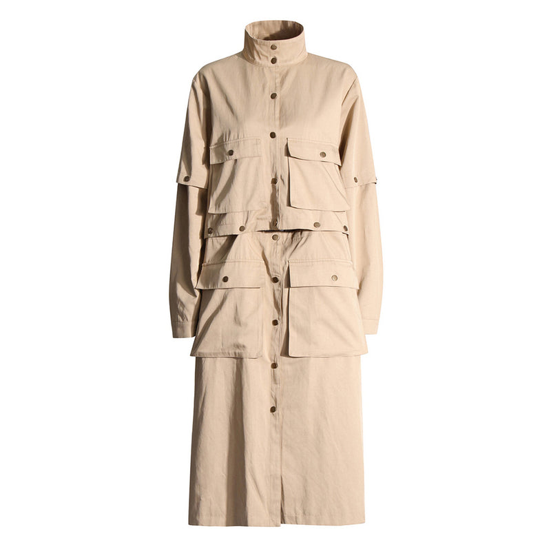 Deconstructed High Neck Long Sleeve Cargo Pocket Button Up Trench Coat