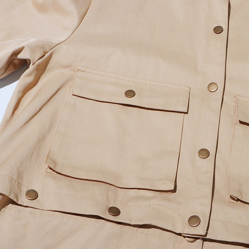 Deconstructed High Neck Long Sleeve Cargo Pocket Button Up Trench Coat