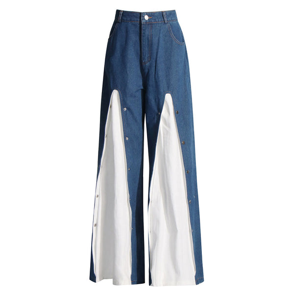 Deconstructed High Waist Contrast Godet Button Up Wide Leg Denim Jeans