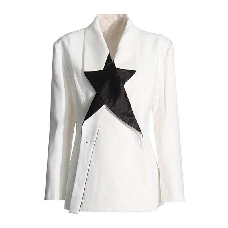 Distinctive Cross Lapel Contrast Star Two Button Long Sleeve Tailored Blazer