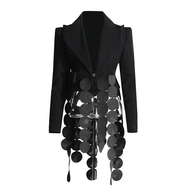 Distinctive Lapel Strong Shoulder Cinch Waist Laser Cut Circle Fringe Blazer