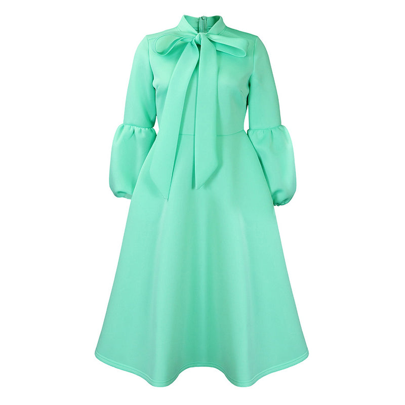 Dramatic Bow Tie Neck Balloon Sleeve Fit and Flare Scuba Midi Dress