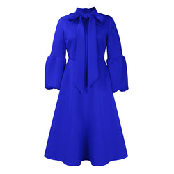 Dramatic Bow Tie Neck Balloon Sleeve Fit and Flare Scuba Midi Dress