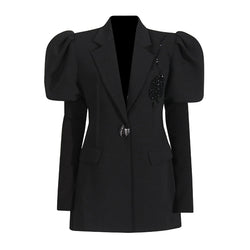 Dramatic Crystal Shoulder Pad Leaf One Button Leg Of Mutton Sleeve Blazer