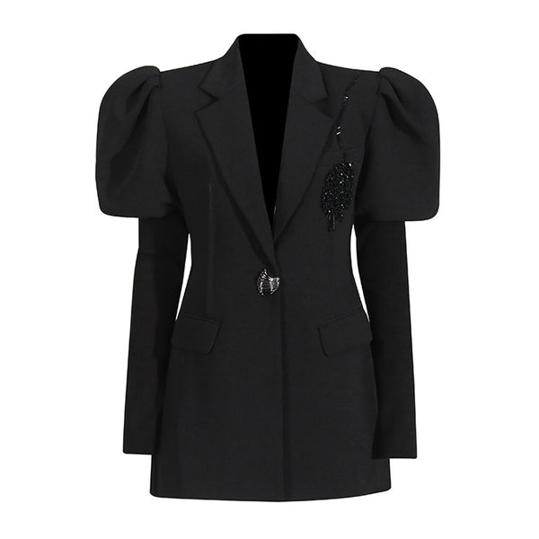 Dramatic Crystal Shoulder Pad Leaf One Button Leg Of Mutton Sleeve Blazer