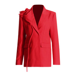 Elegant 3D Rosette Applique Lapel Collar Long Sleeve Single Button Blazer