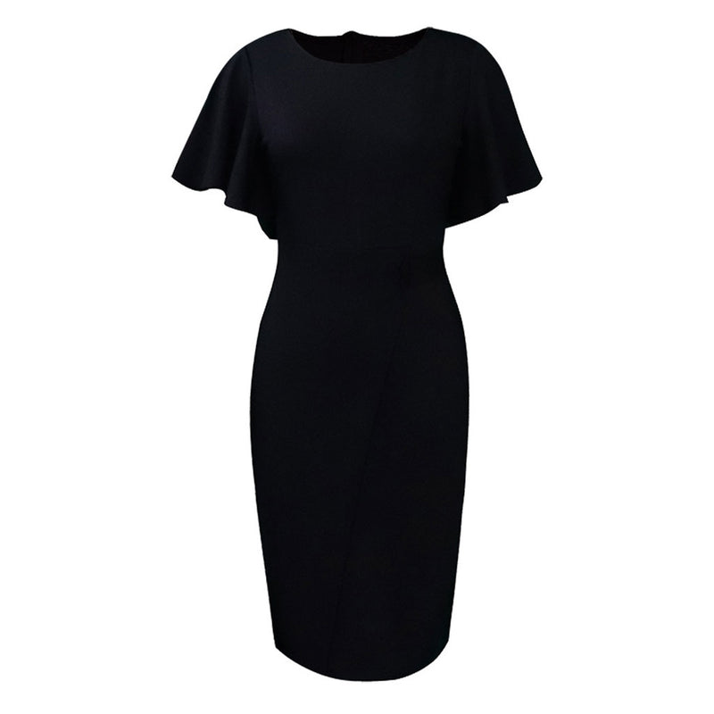 Elegant Crew Neck Short Flared Sleeve Button Trim Pencil Midi Dress