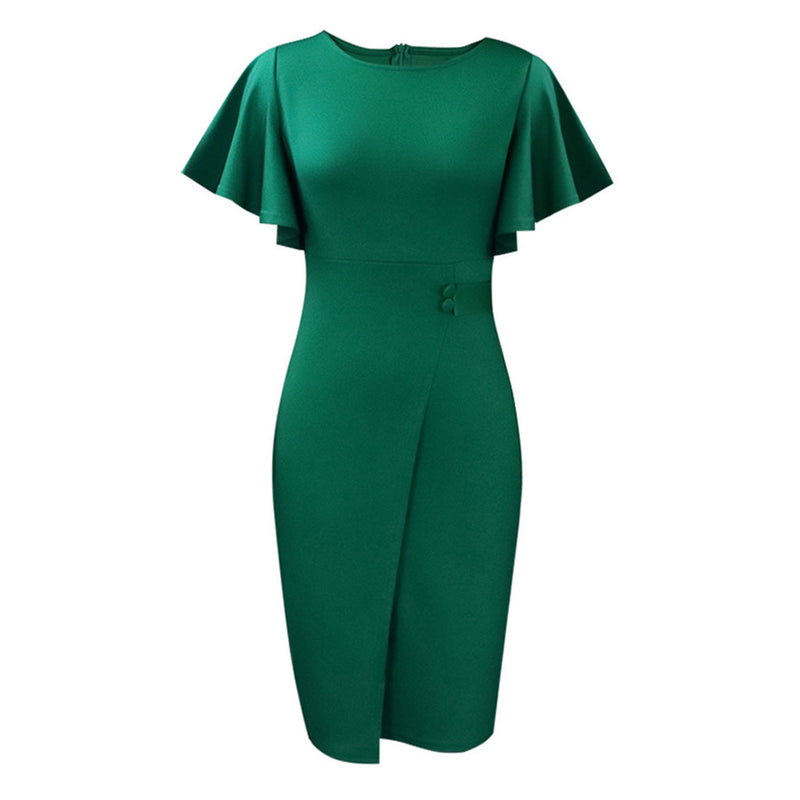 Elegant Crew Neck Short Flared Sleeve Button Trim Pencil Midi Dress