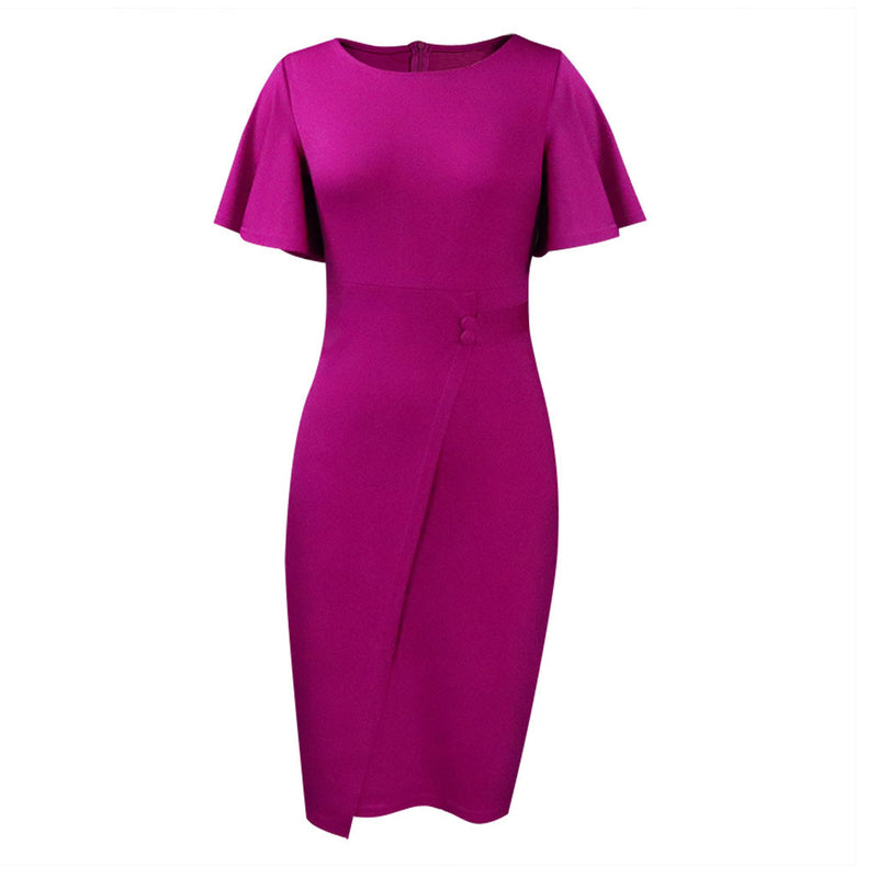 Elegant Crew Neck Short Flared Sleeve Button Trim Pencil Midi Dress