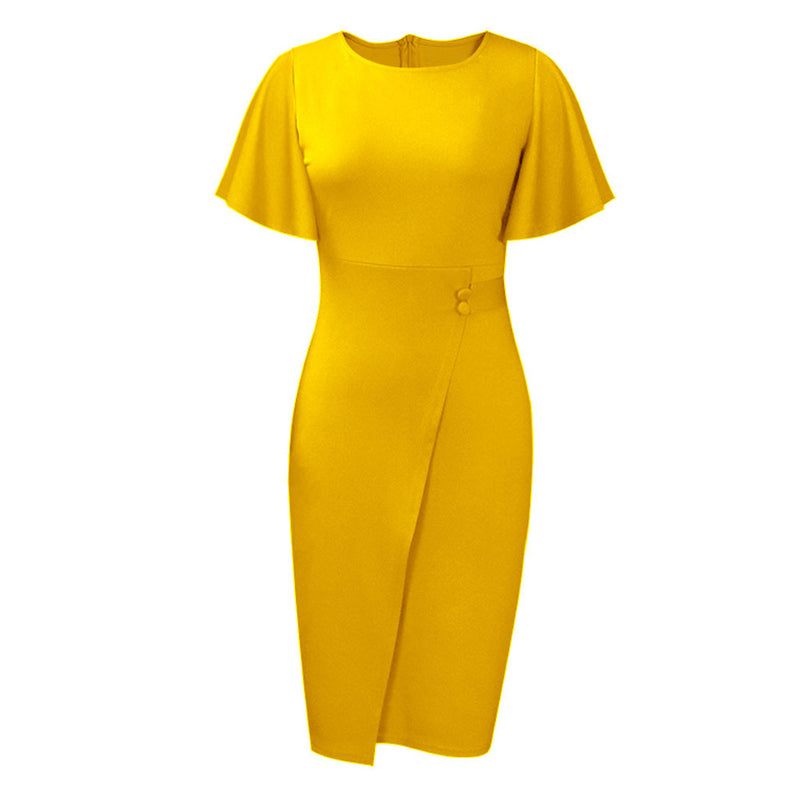 Elegant Crew Neck Short Flared Sleeve Button Trim Pencil Midi Dress