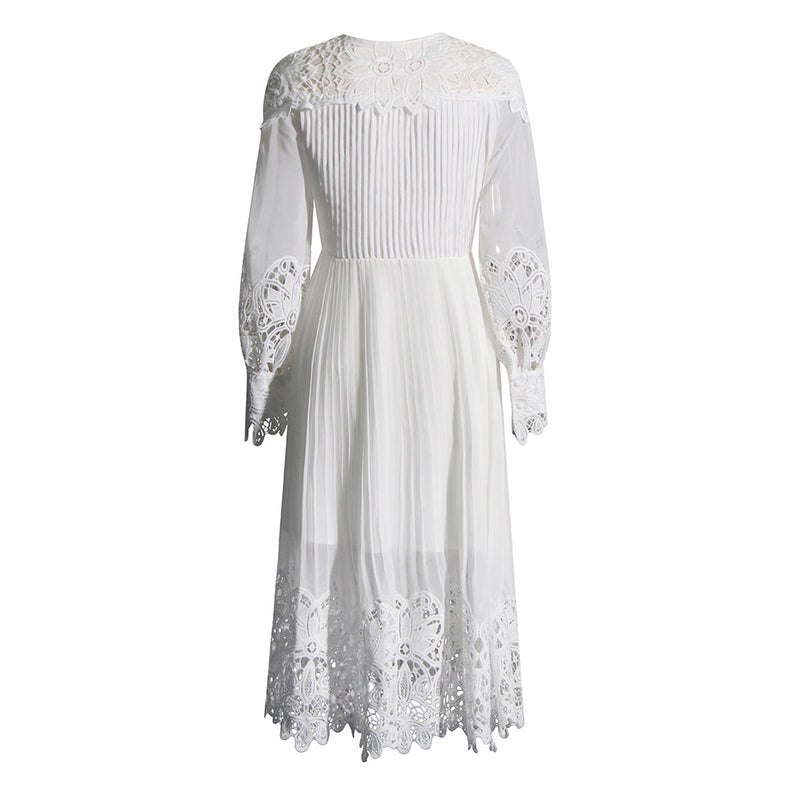 Elegant Crew Neck Tie Front Guipure Lace Button Up Pleated Shirt Midi Dress