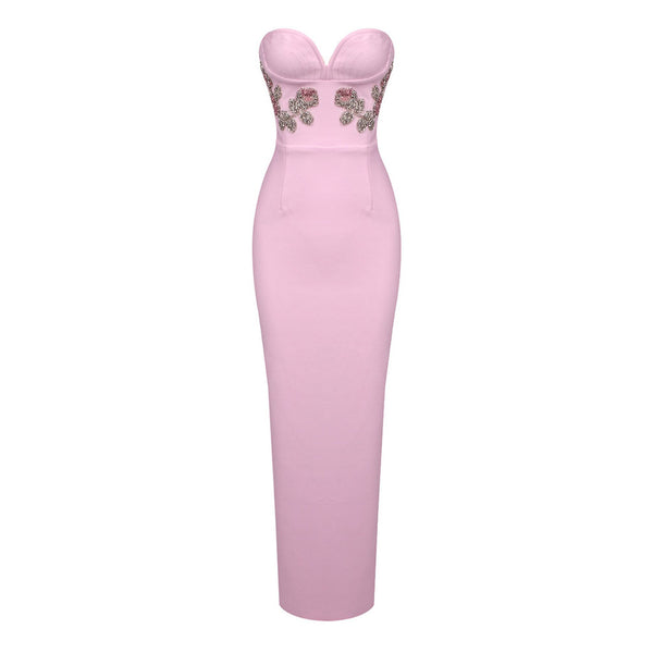 Elegant Crystal Floral Strapless Bustier Split Bodycon Bandage Maxi Formal Dress