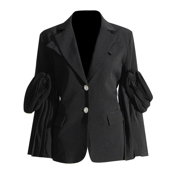 Elegant Lape Crystal Single Breasted Draped Pleated Long Sleeve Blazer