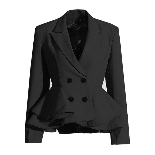 Elegant Lapel Long Sleeve Double Breasted Zip Trim Tiered Peplum Blazer