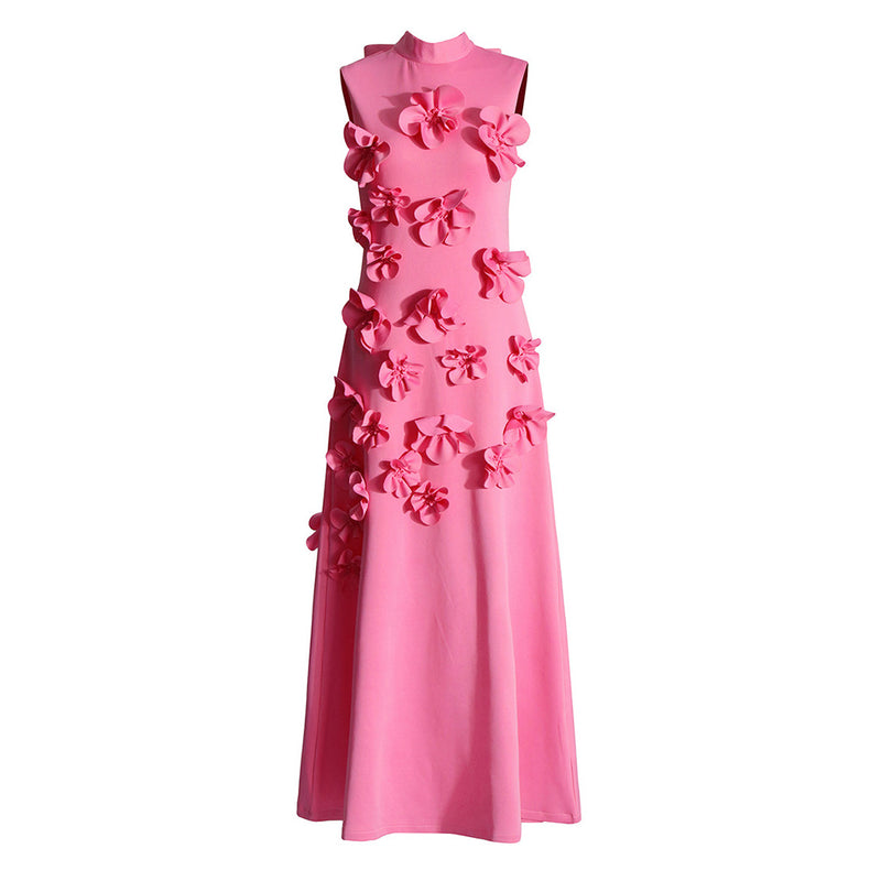 Elegant Mock Neck Bow Tie Back Sleeveless A Line Rosette Midi Dress