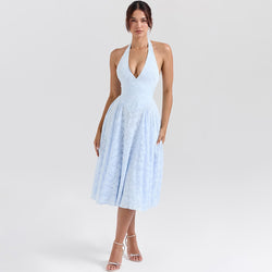 Elegant Plunge Halter Sleeveless Drop Waist Floral Jacquard Cocktail Midi Dress