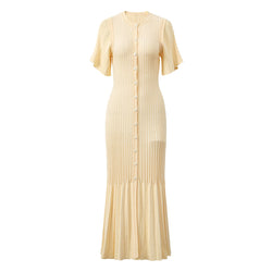 Elegant Pointelle Knit Sleeve Button Up Ribbed Pleated Fishtail Sweater Maxi Dress