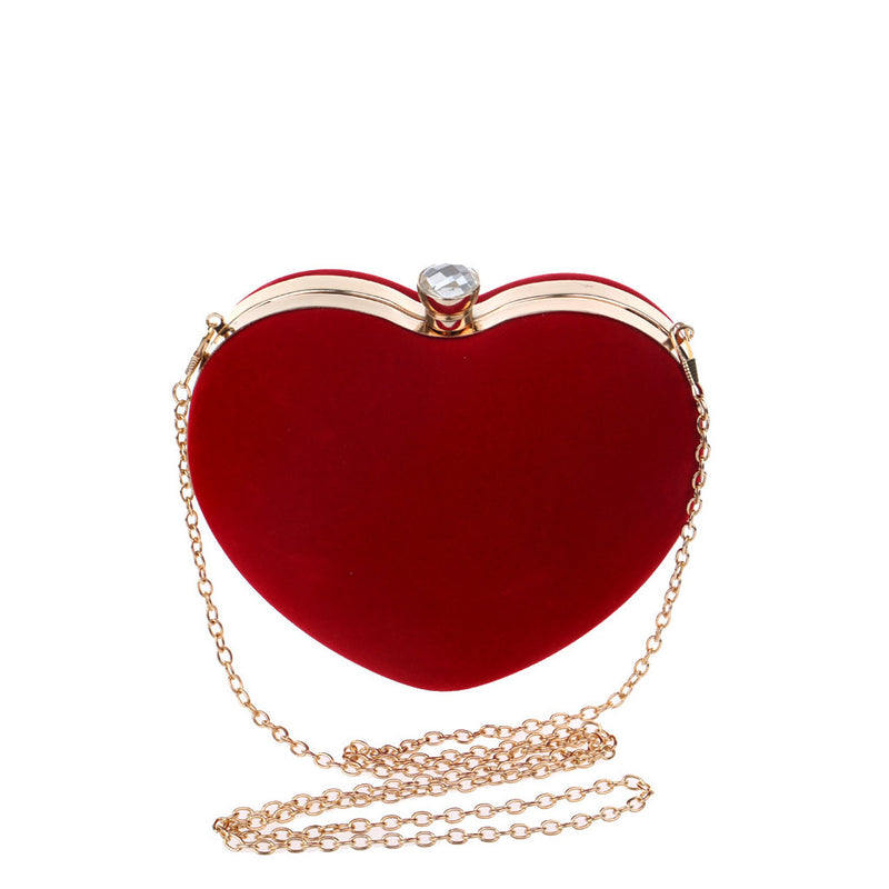 Elegant Rhinestone Metal Handle Heart Shape Velvet Evening Clutch Bag