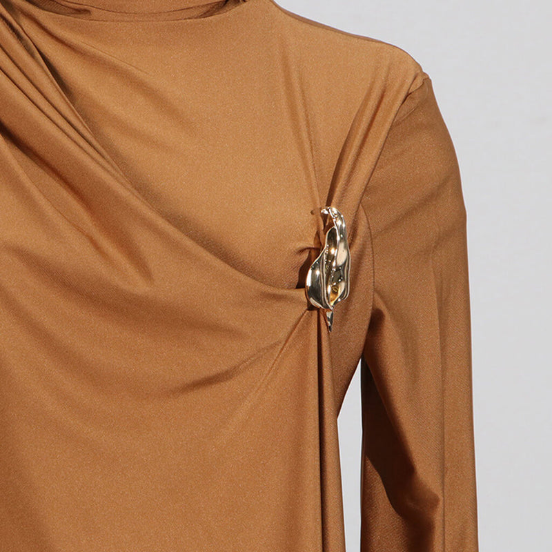 Elegant Scarf Turtleneck Long Sleeve Metal Brooch Draped Jersey Mini Dress