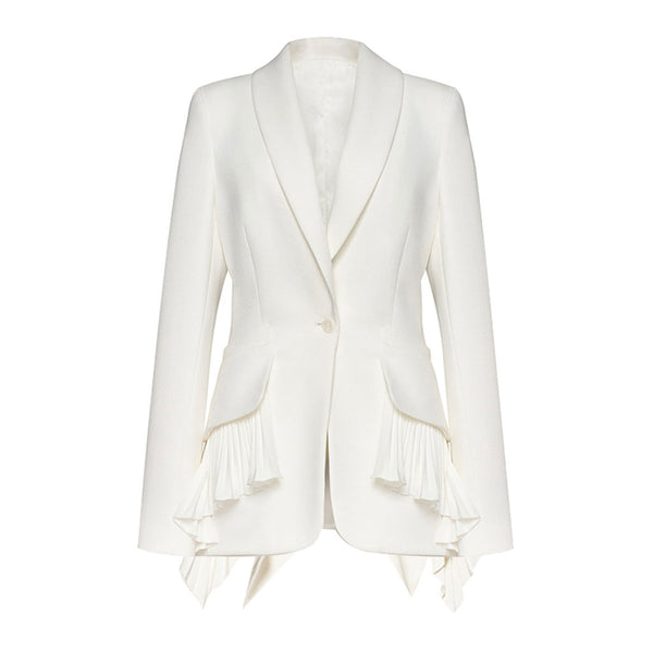 Elegant Shawl Collar Single Button Pleated Peplum Ruffle Cinched Waist Blazer