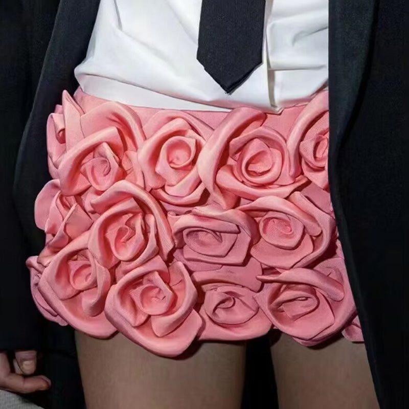 Elegant Solid 3D Rosette Appliqué Bloom High Waist Bodycon Skorts