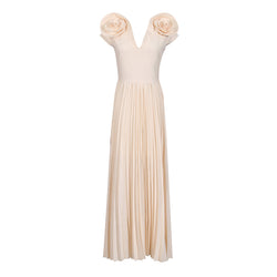 Elegant V Neck Rosette Cap Sleeve Fit and Flare Pleated Maxi Evening Dress