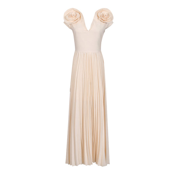 Elegant V Neck Rosette Cap Sleeve Fit and Flare Pleated Maxi Evening Dress