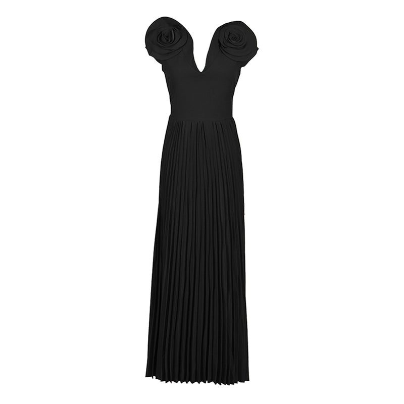 Elegant V Neck Rosette Cap Sleeve Fit and Flare Pleated Maxi Evening Dress