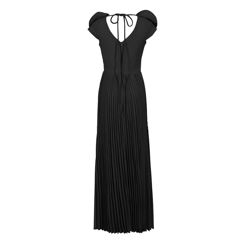 Elegant V Neck Rosette Cap Sleeve Fit and Flare Pleated Maxi Evening Dress