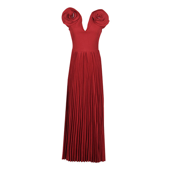 Elegant V Neck Rosette Cap Sleeve Fit and Flare Pleated Maxi Evening Dress