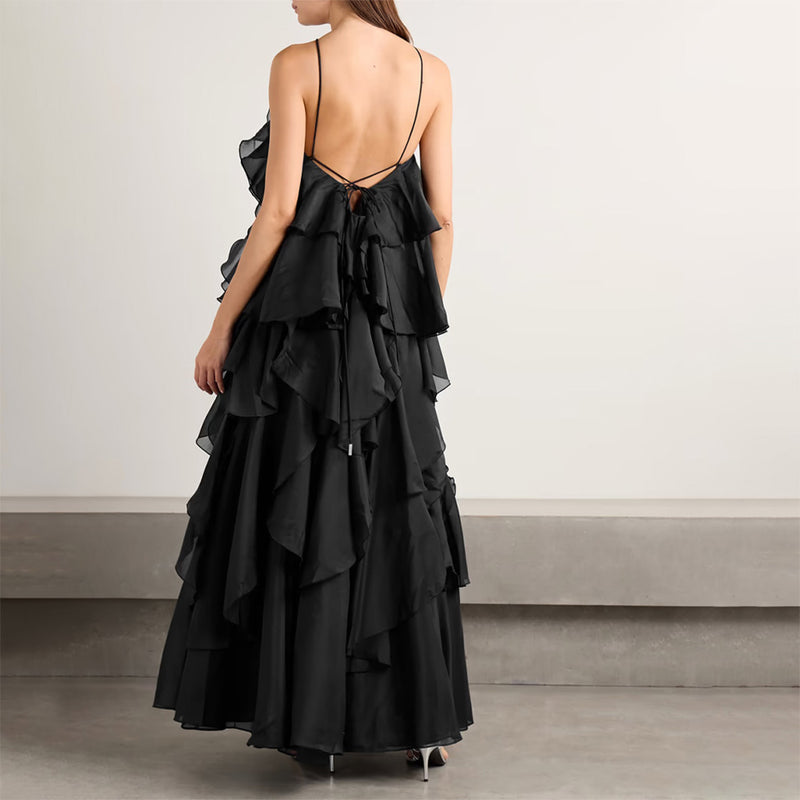 Ethereal Chiffon Rosette Tiered Ruffle Tie Backless Vacation Maxi Dress