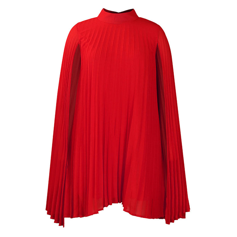 Ethereal High Neck Cape Sleeve Pleated Chiffon A Line Midi Party Dress