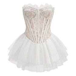 Ethereal Lace Bustier Corset Tiered Tulle Strapless Micro Mini Tutu Dress