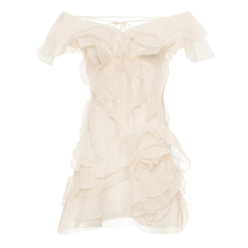 Ethereal Chiffon Deep V Off The Shoulder Layered Ruffle Rosette Mini Dress