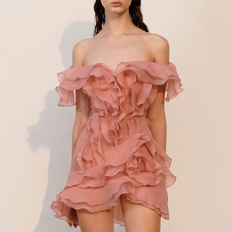 Ethereal Chiffon Deep V Off The Shoulder Layered Ruffle Rosette Mini Dress