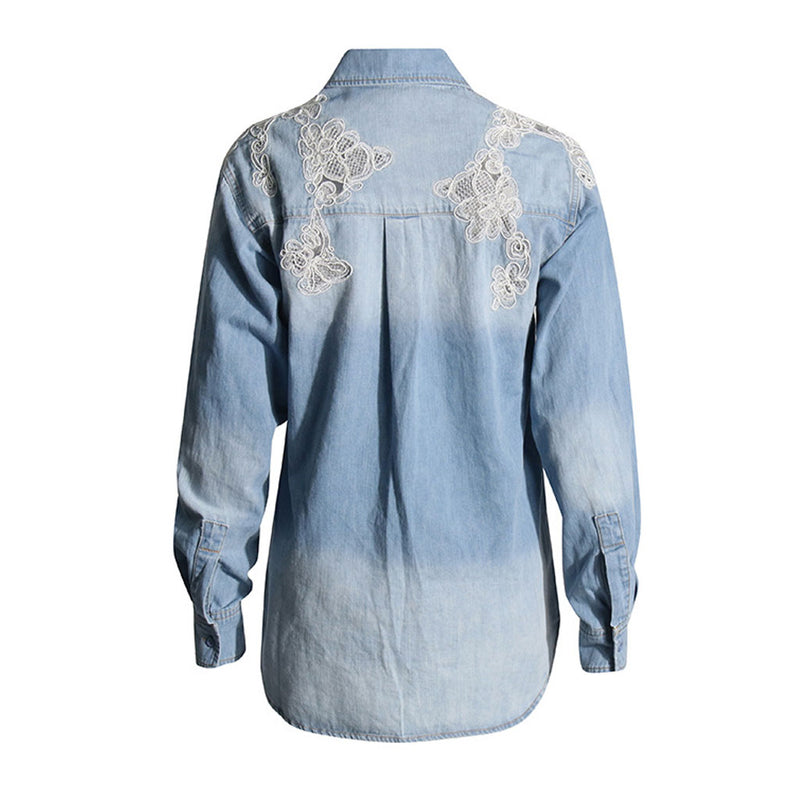 Exquisite Collared Button Up Embroidered Lace Floral Faded Denim Shirt