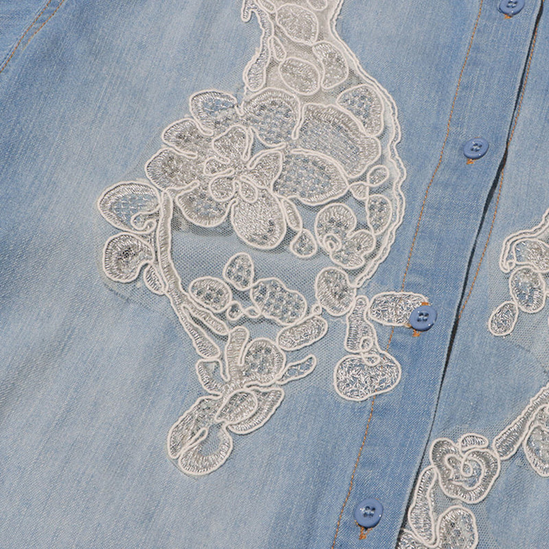 Exquisite Collared Button Up Embroidered Lace Floral Faded Denim Shirt