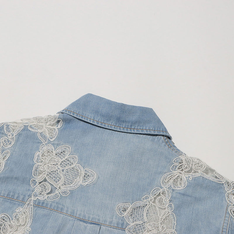 Exquisite Collared Button Up Embroidered Lace Floral Faded Denim Shirt