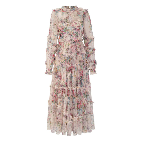 Exquisite Ruffled Mock Neck Long Sleeve Floral Gauze Tiered Maxi Dress