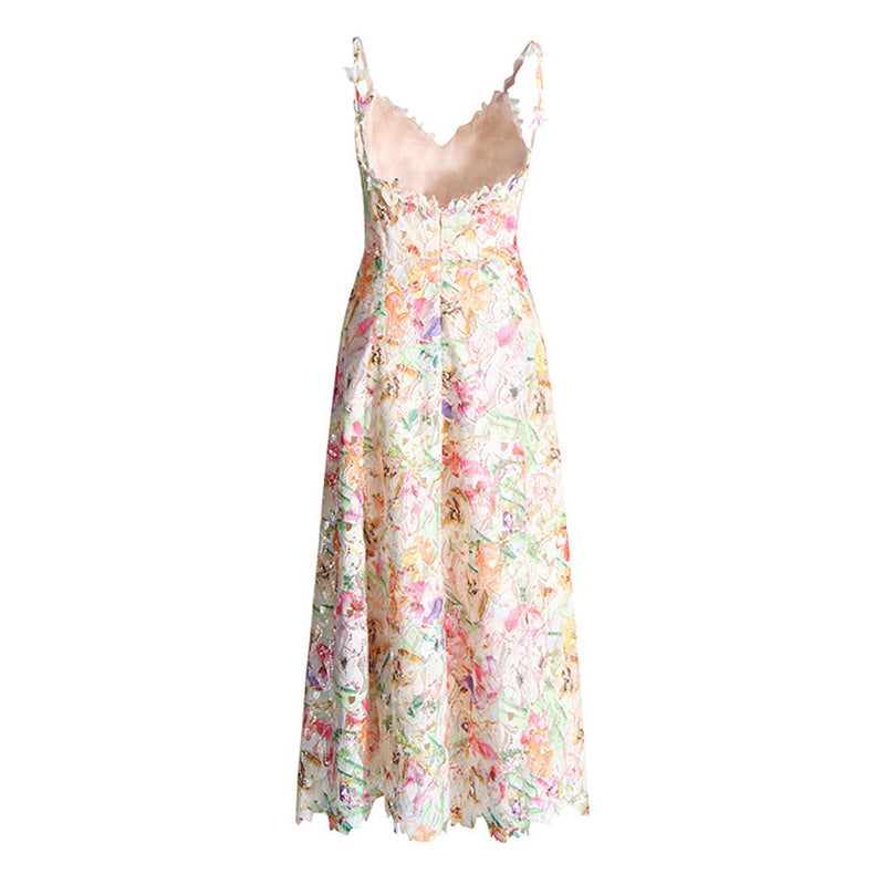 Fairy Spaghetti Strap V Neck Fit And Flare Floral Guipure Lace Midi Sundress