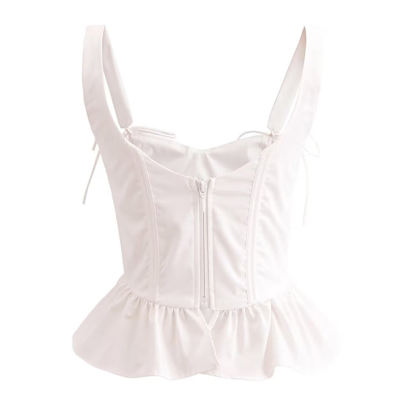 Feminine Bow Tie Suspender Strap Ruffled Peplum Corset Crop Tank Top