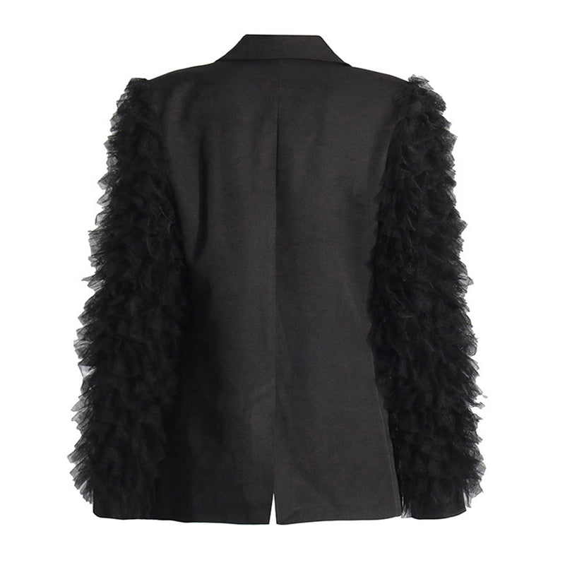 Feminine Lapel Single Breasted Shoulder Pad Long Sleeve Tulle Ruffle Blazer