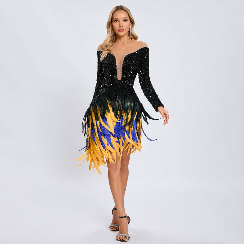 Festive Crystal Mesh Panel Sequin Velvet Faux Feather Mini Party Dress