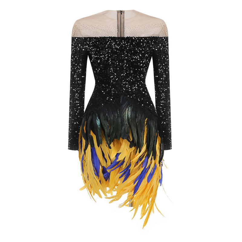 Festive Crystal Mesh Panel Sequin Velvet Faux Feather Mini Party Dress