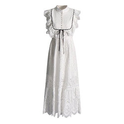 French Style Mock Neck Ruffle Bow Tie Broderie Anglaise Sleeveless Maxi Dress