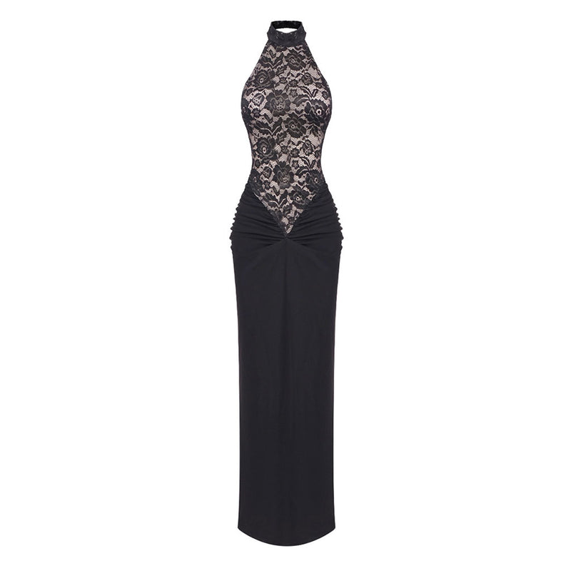 Glamorous Halter Sleeveless Backless Floral Lace Ruched Maxi Evening Dress