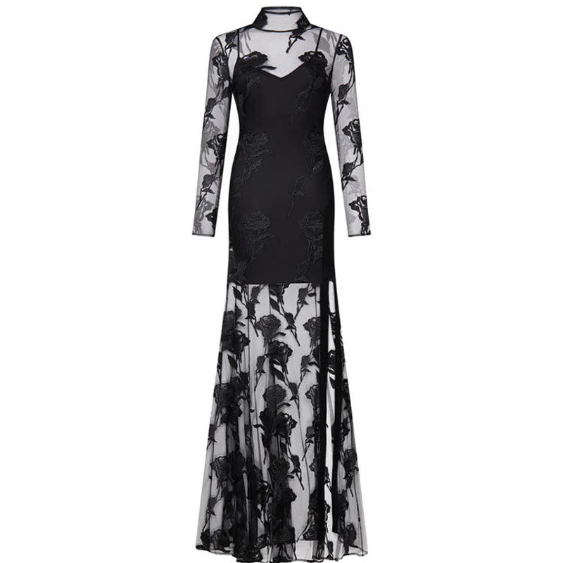 Black Sheer Mesh Dress - Sequin Fringe Dress - Long Sleeve Maxi - Lulus